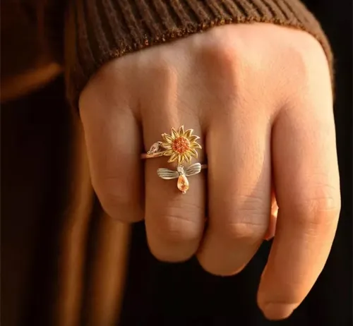 Anillo Antiestrés Girasol Giratorio Mujer Moda Color Plata