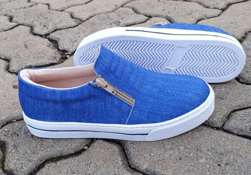 Imagem 2 de 4 de Tênis Feminino Slip On Casual Iate Azul Jeans Moda Flatform
