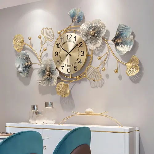 Fmnnfp - Reloj De Pared Grande De 33 Pulgadas, Diseño Creativo De Hojas De Ginkgo De Metal, Silencioso, No Hace Tictac, Reloj De Pared Para Sala De Estar, Recámara, Hogar
