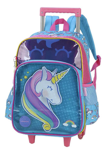 Mochila De Rodinha E Costas G Unicornio Azul Luxcel Up4you