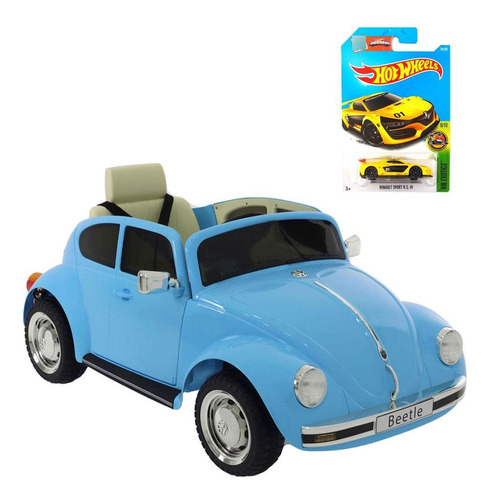 Carrinho Elétrico Beetle Azul E Carrinho Hot Wheels Sortido