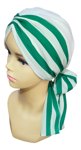Turbante Oncológico Para Mujer De Algodón C/ Banda Mascada Color Blanco Rayas Verdes