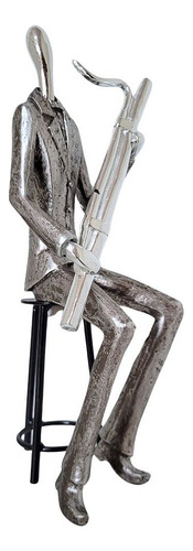 Estatueta Decorativa Músico Flautista Sentado Prateado 27cm