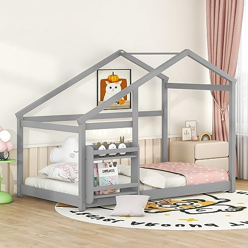 Cama Montessori Twin Con Almacenamiento Y Techo, Gris