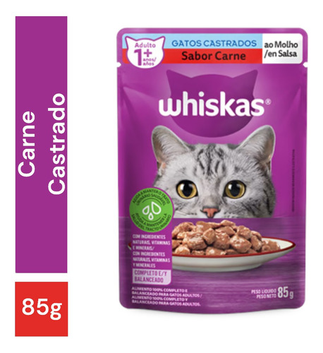 Pack Ração Úmida Whiskas para Gatos Adultos Castrados Sachê Carne ao Molho, 85g - 20 unidades