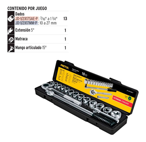 Imagen 2 de 6 de Juego De Dados Llaves Herramientas 16 Piezas Pretul 1/2 PuLG