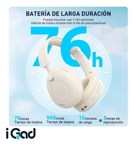 Audífonos Bluetooth 5.3 Igad Hi-res Inalámbricos Diadema Cancelación De Ruido Con Micrófono Y Cable Tipo C Beige