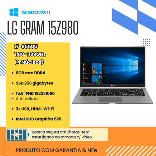 Notebook Lg Gram 15z980 Core I7 8gb Ssd 256gb Full Hd Win11 Prateado (Recondicionado)