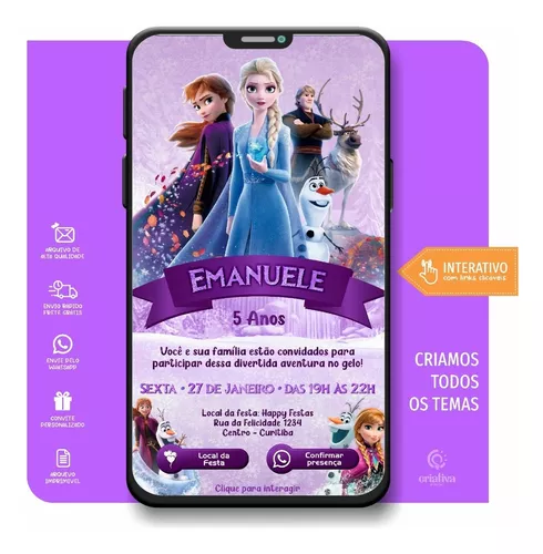 Convite Aniversario Virtual Personalizado Interativo Frozen - R