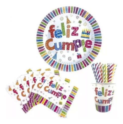 Platos Vasos Servilletas Sorbetes - Feliz Cumple Multicolor Tematica Feliz Cumple