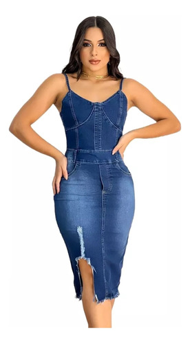 Vestido Jeans Tubinho Midi Barra Desfiada - Modelo Exclusivo