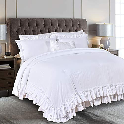 Masaca White Ruffled Edredón Queen, Lightweight Farmhouse Sh