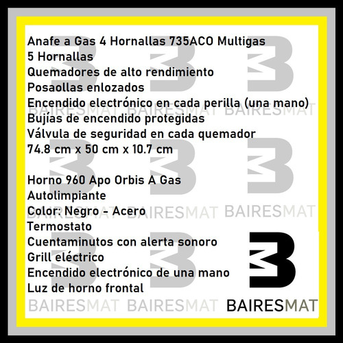 Imagen 4 de 6 de Combo Horno A Gas Orbis 960 Apo Anafe 724 Azo 60 Cm A Gas