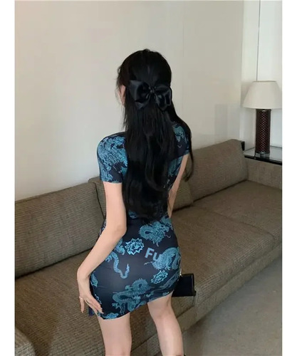Minivestido Qipao Feminino De Verão Com Estampa De Dragão