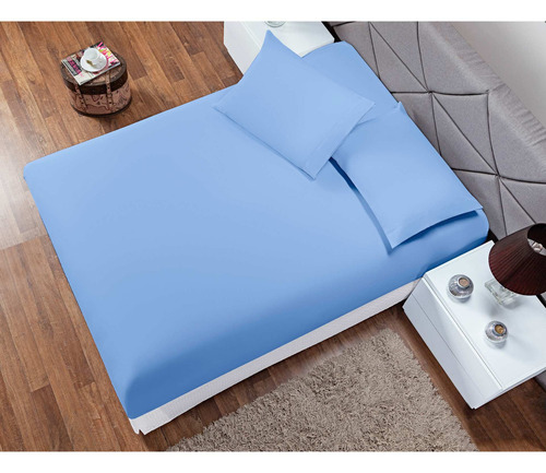 Jogo De Cama Casal Padrão Fronha Lençol Elástico 3 Peças Box Cor Azul Desenho Do Tecido Lisa