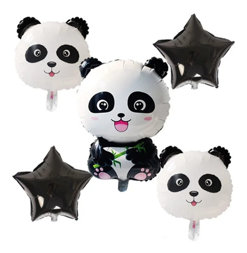 3 Globos Oso Panda + 2 Estrellas Negras