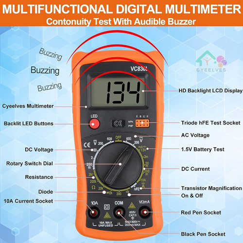 Multímetro Digital Cyeelves,con Voltímetro Ac Dc Y Ohm