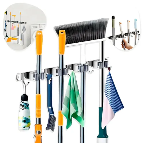 Suporte e Organizador Para Vassoura Rodo Mop panos em Aço Inox 9 Maneiras de Pendurar Acessórios Grande Porta Vassoureiro