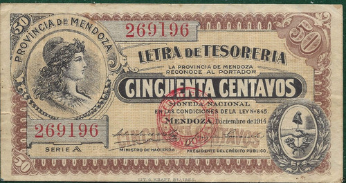 Mendoza Letra Tesoreria 50 Ct 1914 Canje 1918 Firmas Reverso