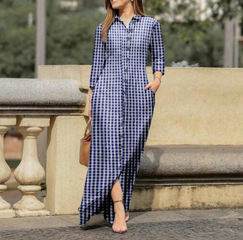 Vestido De Solapa Con Estampado De Cuadros Escoceses Mujer