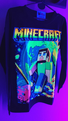 Remera Manga Larga Minecraft Juego Fluo Brilla En Oscuridad