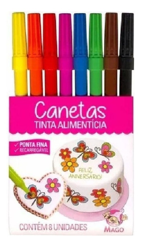 Caneta Tinta Alimentícia Ponta Fina 8 Uni Recarregável Mago