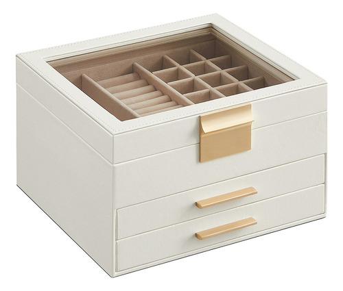 Caja Joyero De 3 Niveles Songmics Con 2 Cajones Color Blanco Nube Dorado