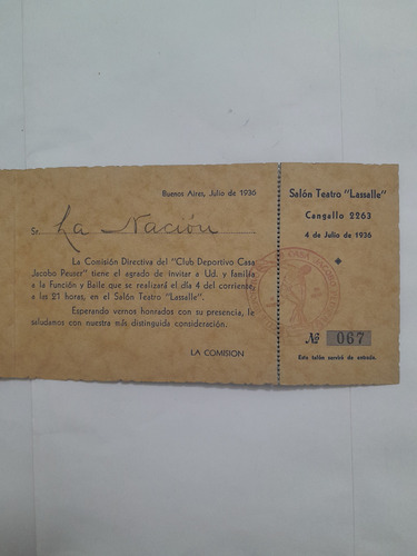 Antigua Invitación Baile Jacobo Peuser A La Nacion 4-7-1936 (Usado)