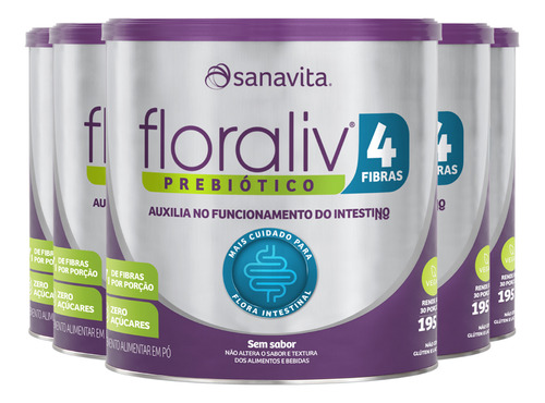 Kit 5 Floraliv 4 Fibras Sanavita Sem Sabor 195g