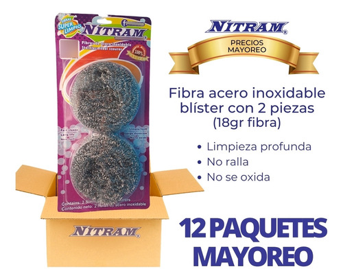 12 Pack Fibra Acero Inoxidable Nitram Blister De 2 Mayoreo