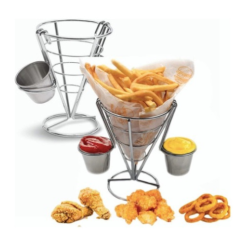 Cono Soporte Papas Fritas Y Botana Acero Inoxidable 2 Dips