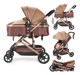 Carriola Plegable Marrón Monanito Q3 Convertible Cochecito Para Bebé con chasis color Oro Rosa