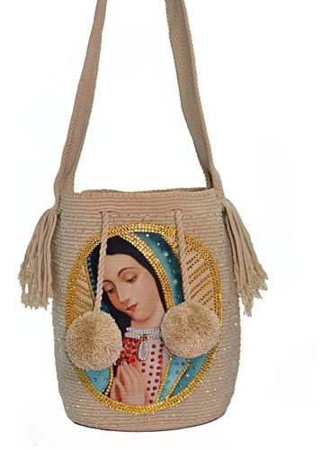 Mochila Wayuu Original Decorada Especial Virgen + Regalo