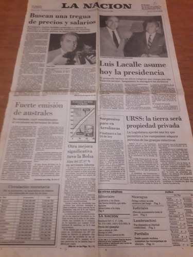 Tapa Diario La Nación 01 03 1990 Economía Luis Lacalle 