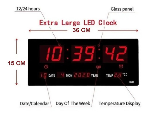 Imagem 3 de 7 de Relógio De Parede Led Digital Grande Termometro 36cm*15cm
