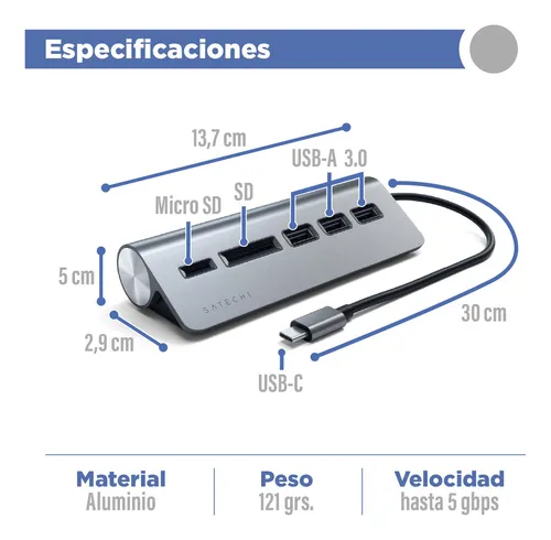 Hub Adaptador Tipo C 5 Puertos Usb3.0 Lector Sd Msd Satechi
