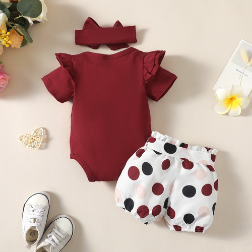 3pcs Conjunto Bebé Con Mameluco Shorts De Lunares Y Diadema Bordó 6-9 M