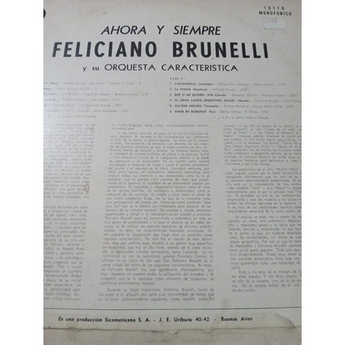 Feliciano Brunelli Y Su Orquesta Caracteristica Lp Vinilo (Usado)
