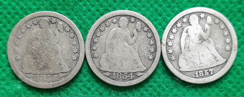 3 Monedas De 10 Centavos En Plata, Eeuu, Años 1853, 54 Y 57