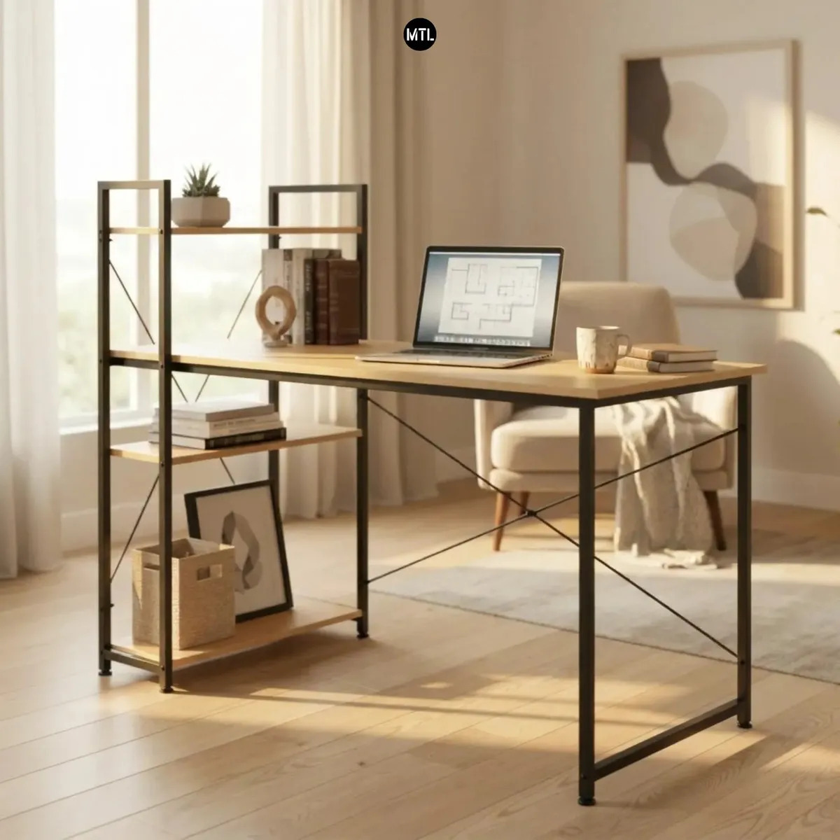 Escritorio Oficina Mtl Moderna Con Estantes Laterales Para Laptop Home Office Melamina Compacto Diseño Funcional Minimalista Trabajo Estudio Mesa Pc Computadora Marrón Claro