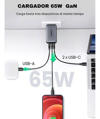 Cargador De Pared Nexode 3 Puertos De Carga Rápida Ugreen 65w Usb A + 2 Usb C (gris) - 10334