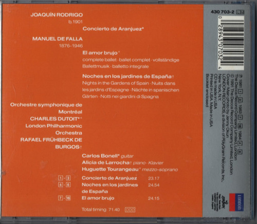 Cd Rodrigo & De Falla Concierto De Aranjuez & El Amor Brujo (Usado)