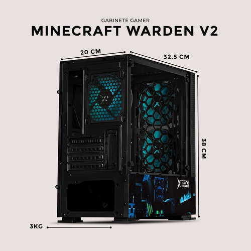 Gabinete Gamer Xtreme Pc Gaming Minecraft Warden V2 Edition Micro Torre Micro Atx 3 Fan Argb Mesh Cristal Templado