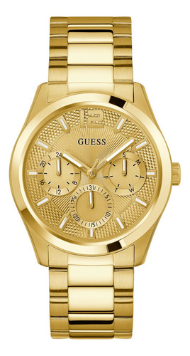 Reloj De Caballero Marca Guess Cololr Plata Correa Dorado 2 Bisel Dorado Fondo Azul Claro