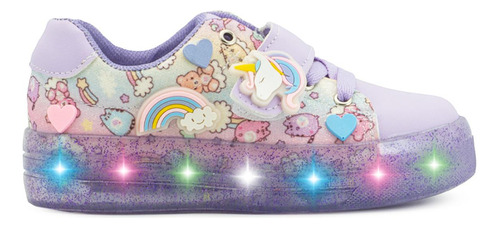 Tenis Niña Luces Unicornio Lila Pequenos Pasos Velcro Moda