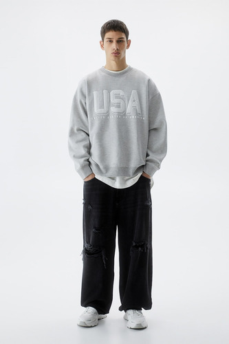 Buzo Sudadera Hombre Usa Bordad Stwd Pull&bear Gris Original