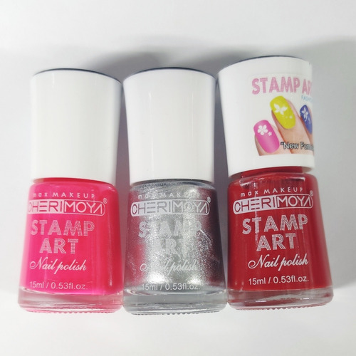 3 Colores Para Stamping De Uñas. Rojo, Fucsia Y Plata 15ml.