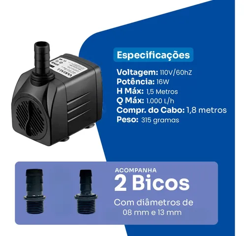 Bomba Submersa 1000 l/h Bombinha 1,5m Lagos Recalque Fontes Aquários Cascata Chafariz Motor Água Doce Salgada Marinho Fonte Hidroponia Aquaponia: imagem 2