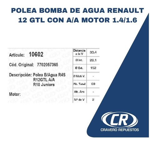 Polea Bomba De Agua Renault 12 Gtl Con A/a Motor 1.4/1.6