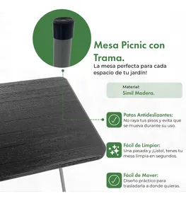 Mesa Para Jardin Exterior Plegable Camping Picnic 180 cm Simil Madera Color Negro Gardenlife
